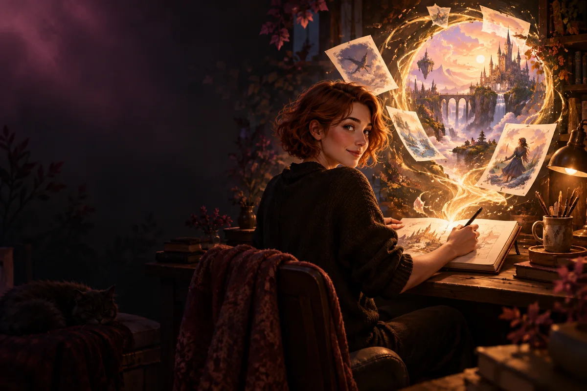 An artist at her desk brings illustrated characters and a glowing fantasy portal to life