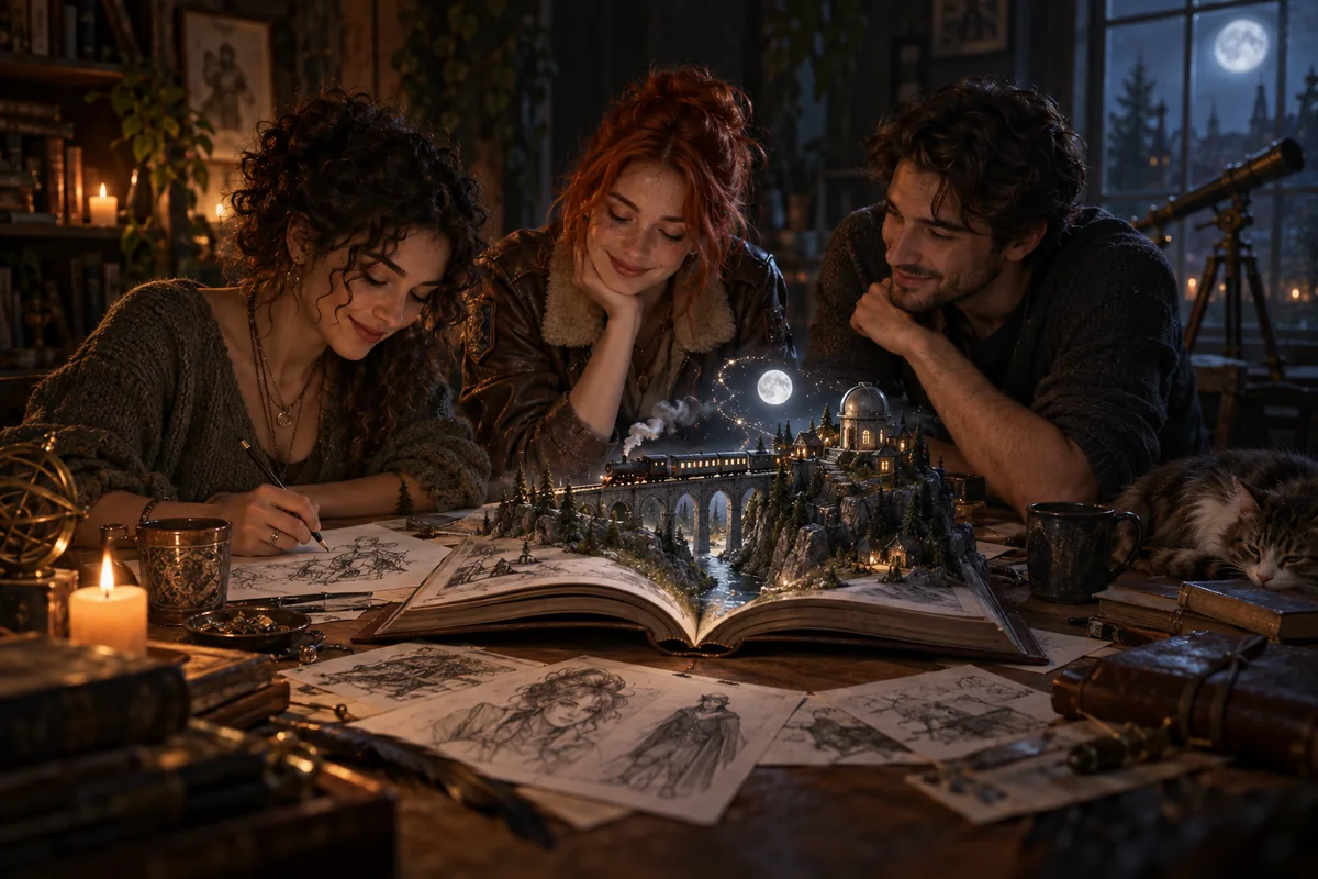 Three friends share character sketches around a book that opens into a miniature moonlit story world