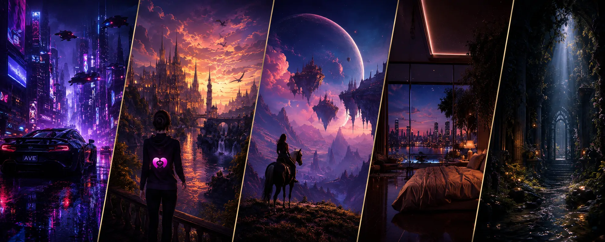 Story worlds spanning a futuristic city, fantasy castles and a city-view room