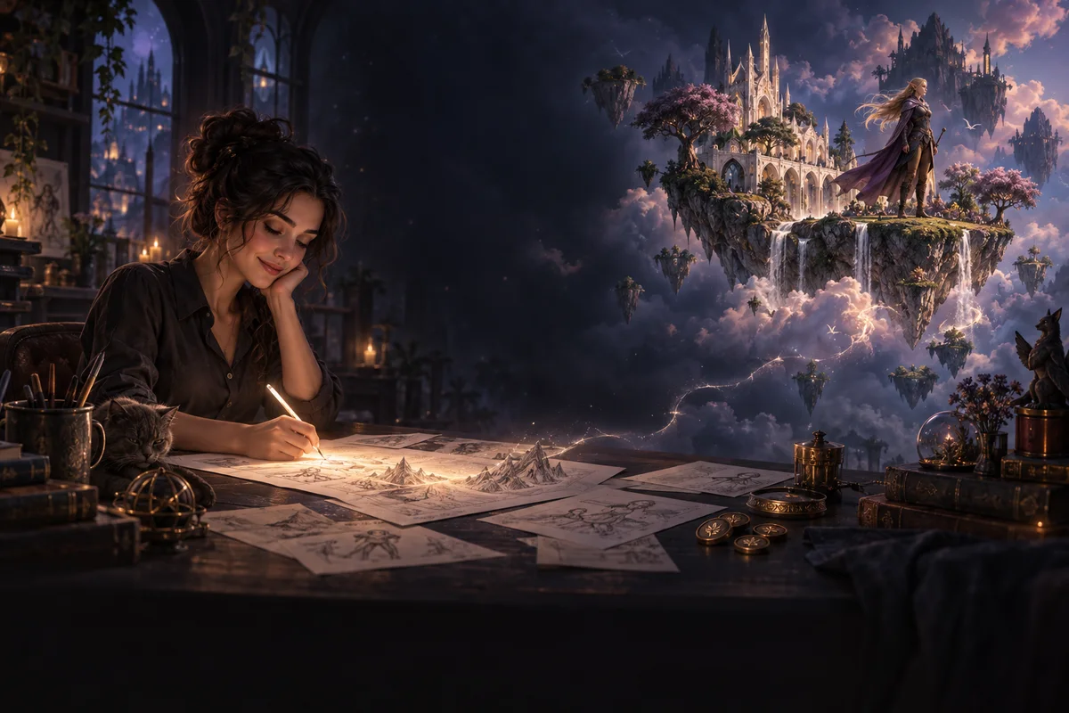 A creator sketches a character as an imagined floating castle and its heroine rise above her desk