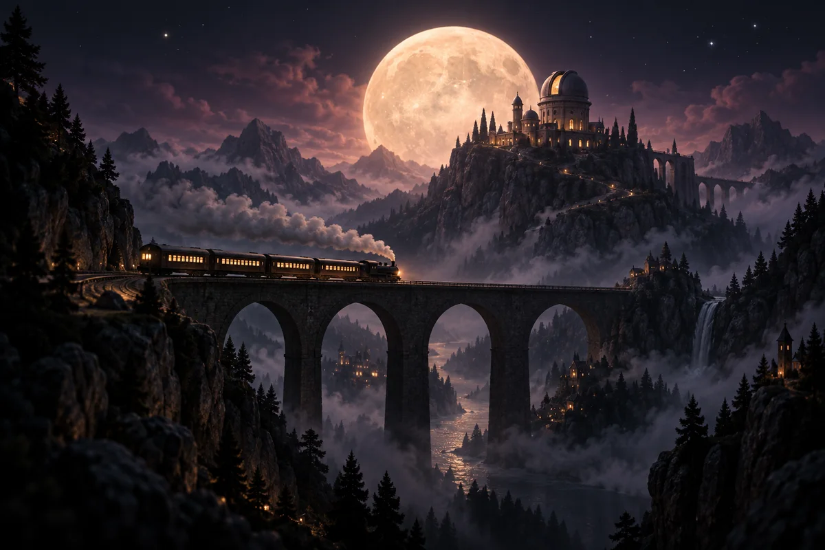 A midnight train crosses a mountain viaduct beneath a full moon and a hilltop observatory