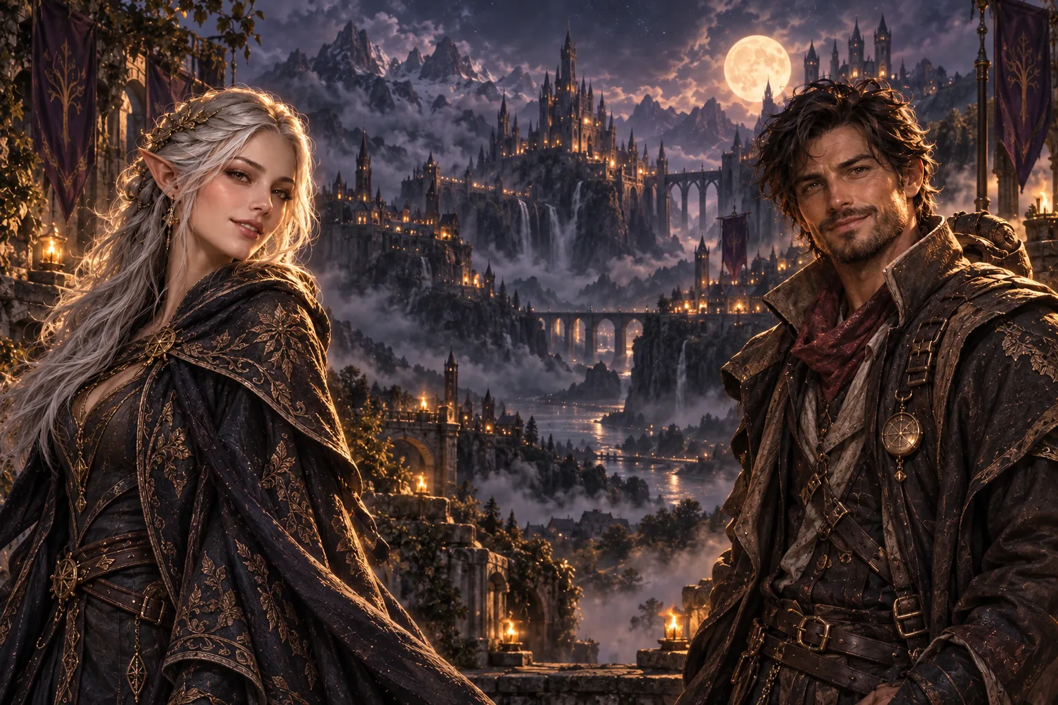 An elf and an adventurer overlooking a moonlit valley of fantasy castles