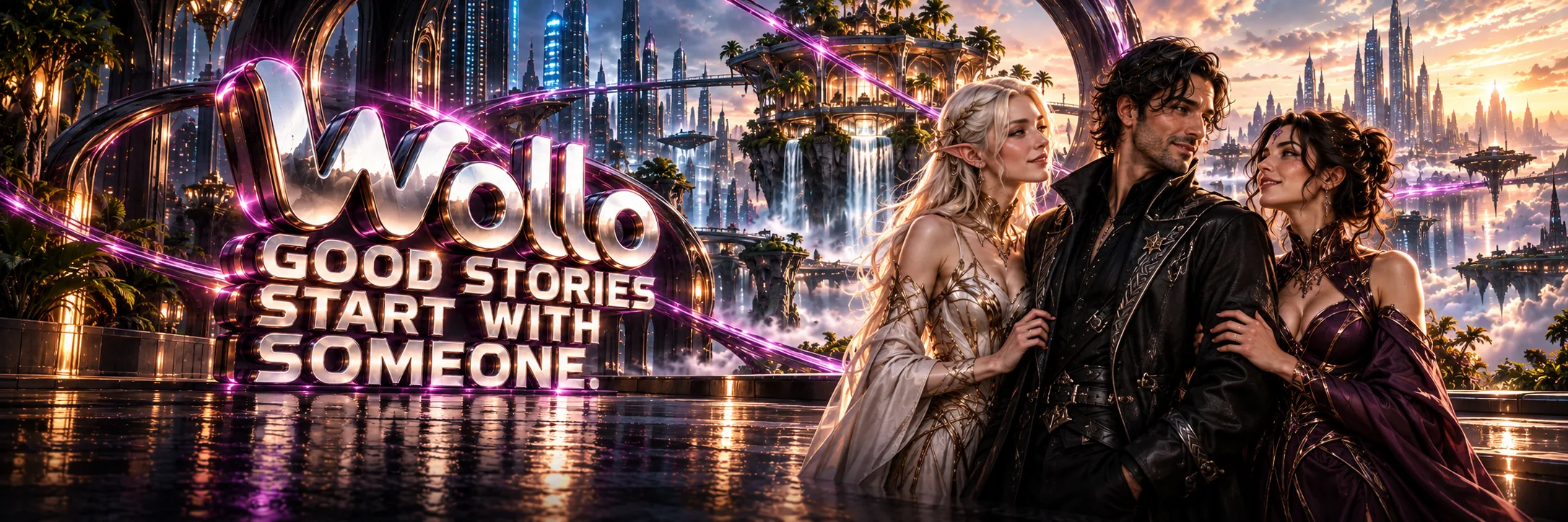 Three adult companions share a moment between a floating fantasy conservatory and a futuristic city