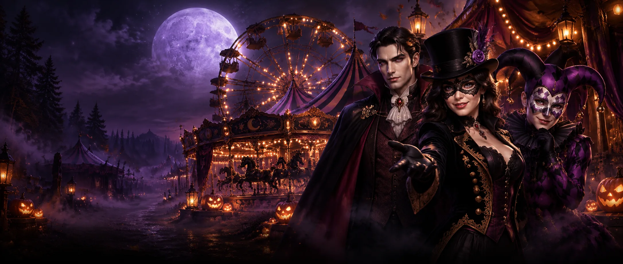 A ringmaster in a top hat and lace mask, a vampire and a harlequin welcome you to a moonlit carnival with a ferris wheel and jack-o'-lanterns