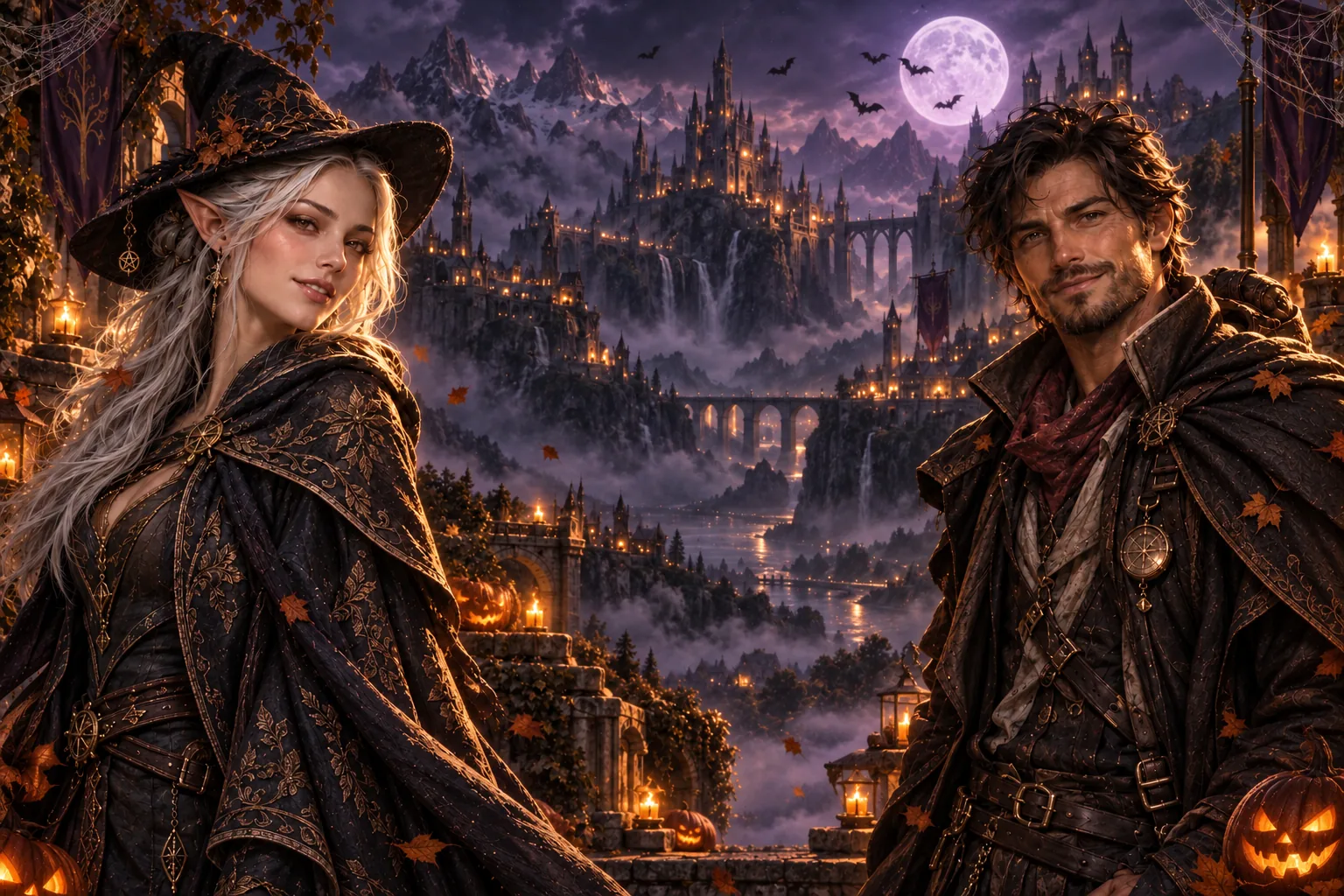 An elf and an adventurer overlooking a moonlit valley of fantasy castles