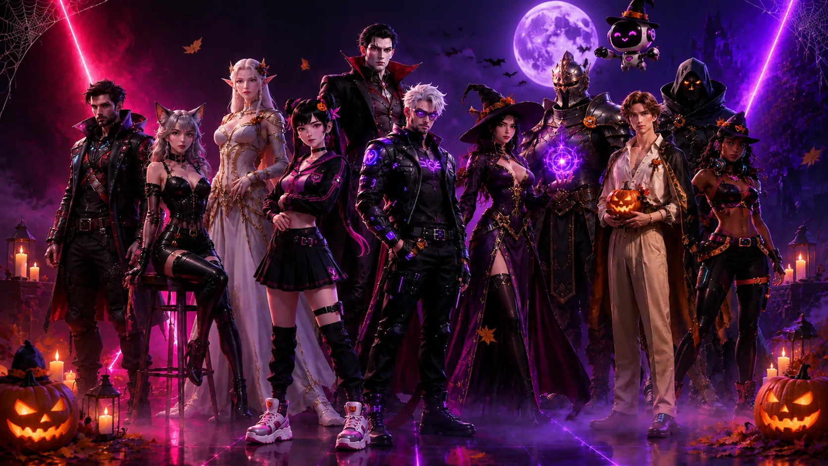 A cast of fantasy and science-fiction characters beneath glowing story portals