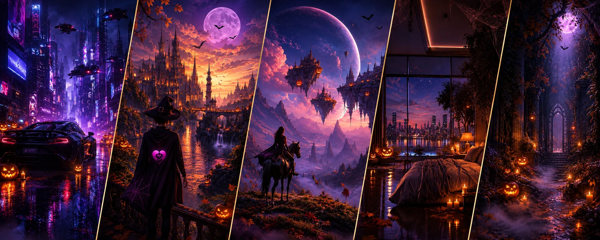 Five scene worlds: a neon city, fantasy castles, floating islands, a city-view room and a forest