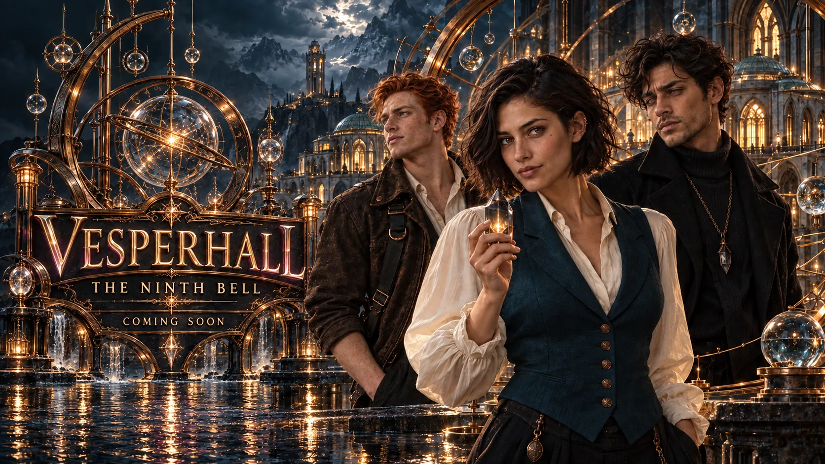 Vesperhall: The Ninth Bell — Coming Soon. Mira, Rowan and Nadir at the island academy.